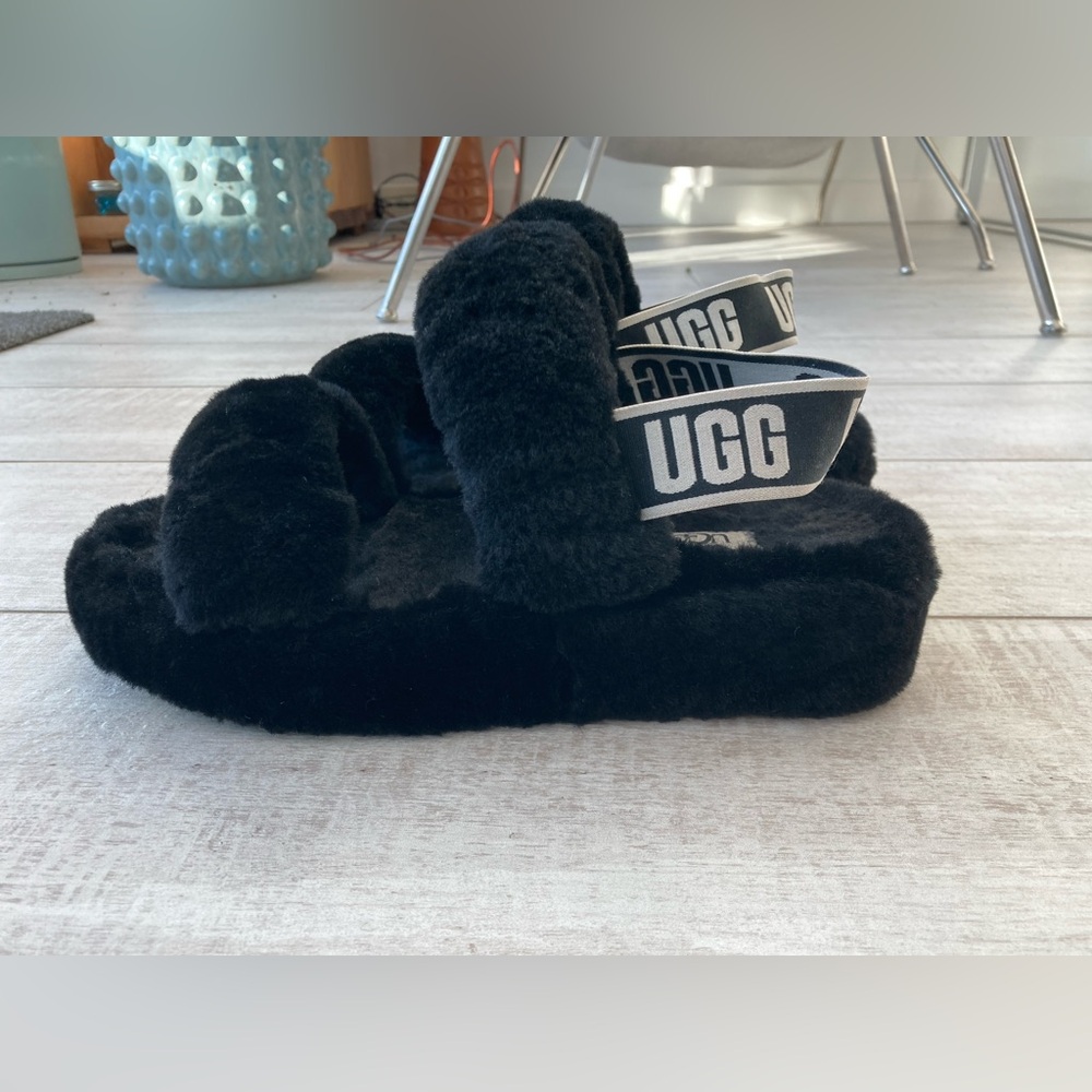 UGG Black Fluffy Platform Slippers
